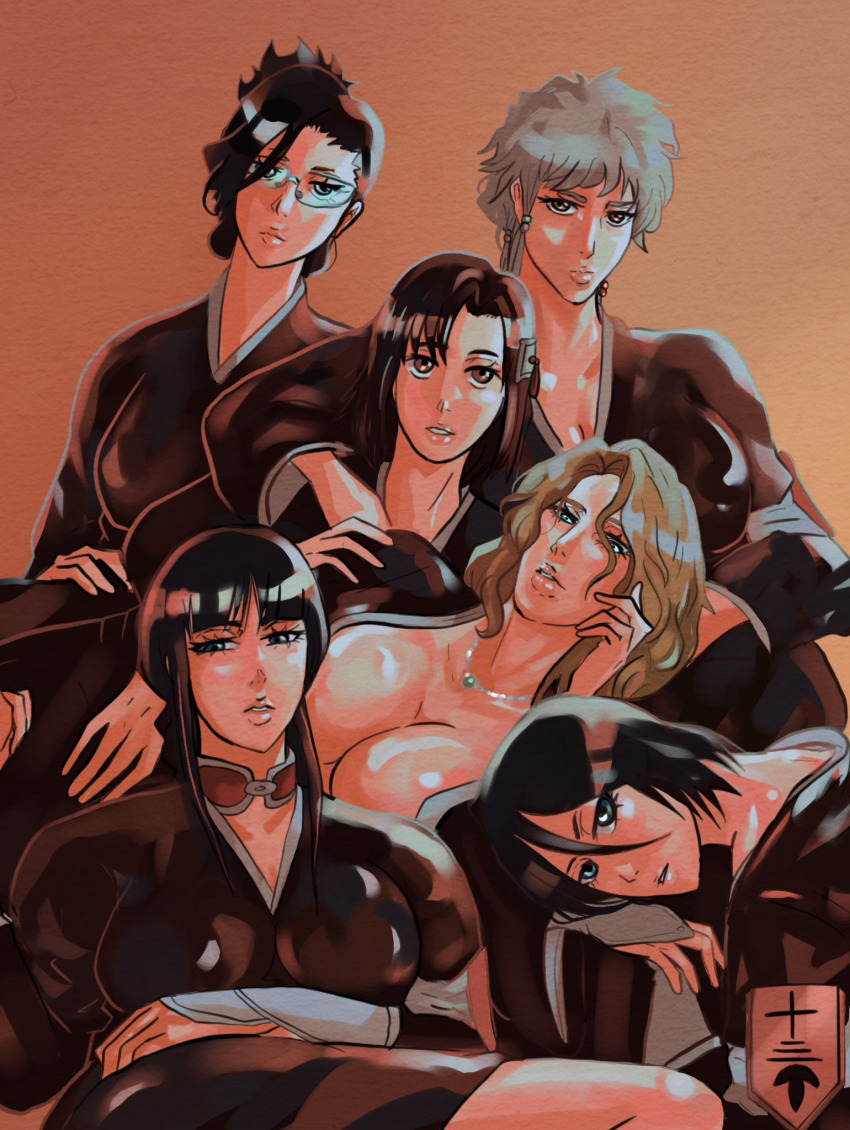 6+girls black_hair bleach blonde_hair breasts cleavage glasses hinamori_momo huge_breasts ise_nanao kotetsu_isane kuchiki_rukia kurotsuchi_nemu large_breasts matsumoto_rangiku moonymiw multiple_girls shihakusho smile