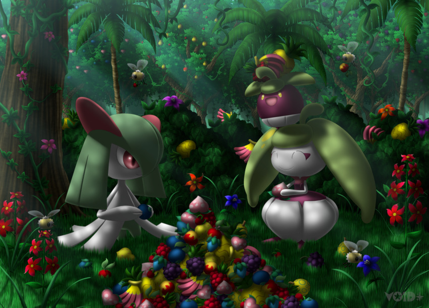 2girls ^_^ absurdres ahoge aspear_berry berry_(pokemon) blue_flower bluk_berry bounsweet bush cheri_berry closed_eyes closed_mouth colored_skin cutiefly dappled_sunlight day facing_another female_focus flat_chest flower food fruit full_body gen_3_pokemon gen_7_pokemon grass green_hair green_skin green_theme hair_over_one_eye happy highres holding holding_food holding_fruit jungle kirlia kneeling leppa_berry light_rays long_hair looking_at_another medium_hair monster_girl multicolored_skin multiple_girls nanab_berry nature nintendo on_head one_eye_covered open_mouth oran_berry outdoors palm_tree pecha_berry pinap_berry plant plant_girl pokemon pokemon_(creature) pokemon_on_head purple_flower purple_skin rawst_berry razz_berry red_eyes red_flower sidelocks sitrus_berry sitting smile steenee sunlight tree twintails two-tone_skin vines void_(starvoid7) white_skin yellow_eyes