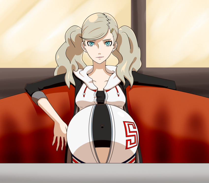 1girl absurdres atlus bad_id big_belly blonde_hair blue_eyes booth_seating ear_piercing highres jacket letterman_jacket malkarmaze persona persona_5 piercing pregnant sitting solo takamaki_anne twintails unzipped_hoodie