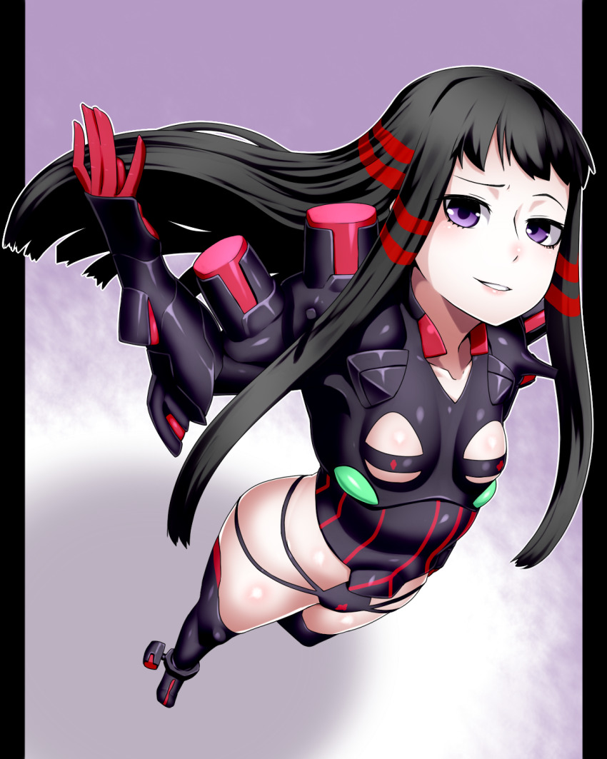1girl ar_tonelico ar_tonelico_ii black_hair bodysuit breasts gloves highres jakuri_(ar_tonelico) long_hair looking_at_viewer navel panties purple_eyes small_breasts smile solo thighhighs underwear very_long_hair yuuki_(yukigeshou_hyouka)
