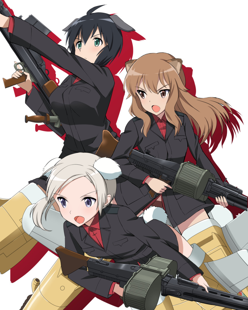 3girls ahoge animal_ears anti-materiel_rifle black_hair blouse boys_anti-tank_rifle breast_pocket brown_eyes commentary dog_ears double-drum_magazine drum_magazine fernandia_malvezzi green_eyes grey_hair gun high-capacity_magazine highres kaneko_(novram58) light_brown_hair long_hair luciana_mazzei machine_gun magazine_(weapon) martina_crespi mg42 multiple_girls no_pants open_mouth pocket purple_eyes red_shirt rifle saddle-drum shirt side_ponytail sniper_rifle strike_witches:_kurenai_no_majo-tachi striker_unit weapon white_background world_witches_series
