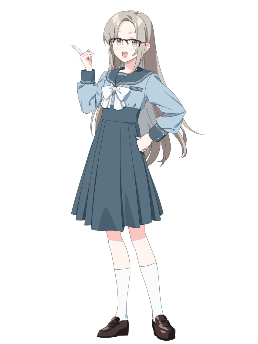 1girl blonde_hair blush brown_shoes full_body glasses green_shirt green_skirt hand_on_own_hip highres index_finger_raised kisaragi_hina long_hair looking_at_viewer open_mouth original school_uniform shirt shoes simple_background skirt socks solo standing teeth upper_teeth_only white_background white_socks yellow_eyes