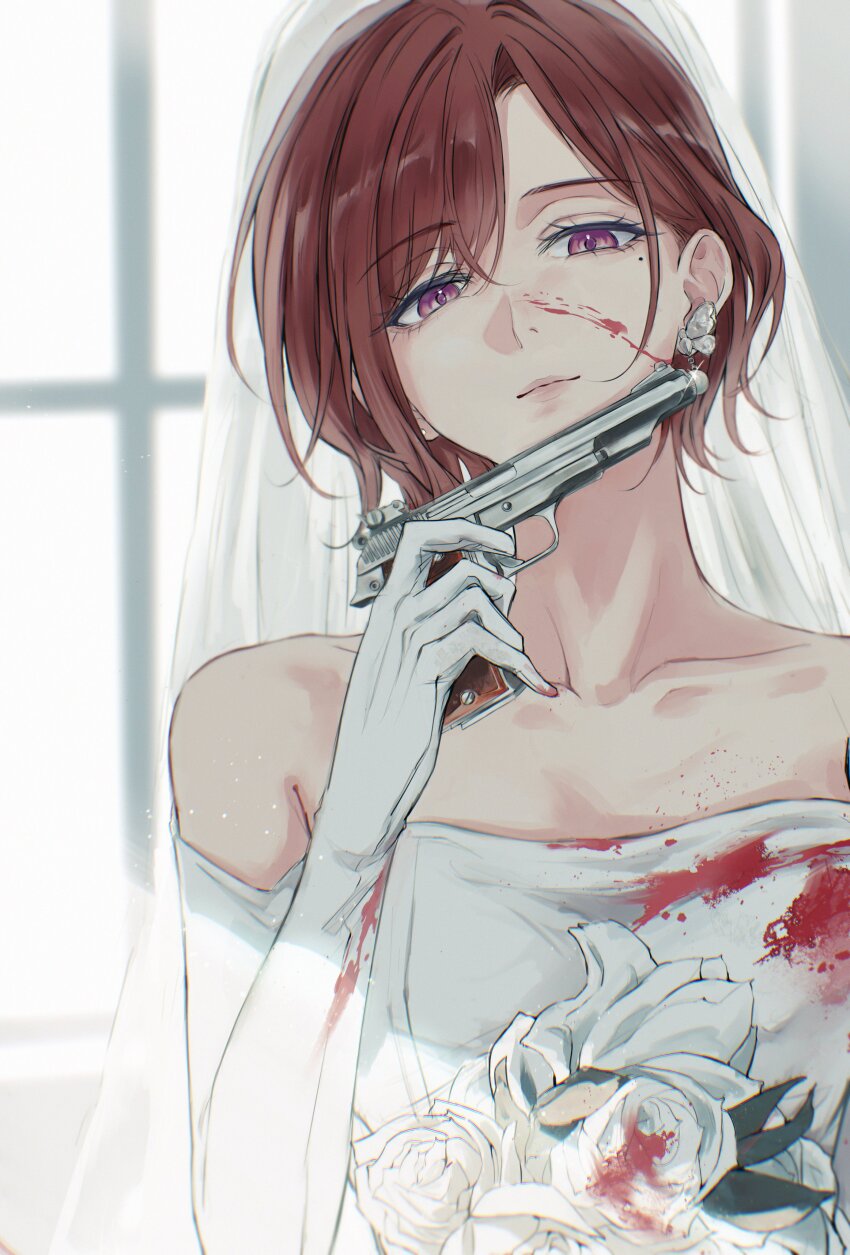 1girl absurdres blood blood_on_clothes blood_on_face bridal_veil brown_hair closed_mouth dress flower glint gloves gun handgun highres higuchi_madoka holding holding_gun holding_weapon idolmaster idolmaster_shiny_colors mole mole_under_eye off-shoulder_dress off_shoulder purple_eyes rose short_hair solo sushizanmai_(sorahaaoi7) veil weapon white_dress white_flower white_gloves white_rose