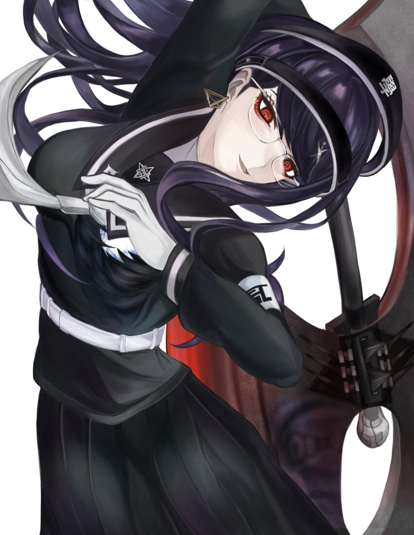 1girl armband axe black_shirt black_skirt earrings female_focus highres holding holding_axe holding_weapon jewelry last_defense_academy_school_uniform long_hair looking_at_viewer male_focus open_mouth pleated_skirt purple_hair red_eyes shirt shizuhara_hiruko skirt solo solo_focus the_hundred_line_-last_defense_academy- tongue weapon white_background