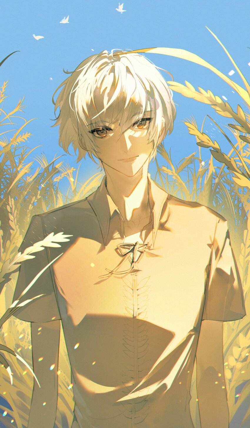 1boy absurdres anli_(noctilucent) bird brown_eyes chinese_commentary closed_mouth collared_shirt cross-laced_clothes cross-laced_top day hair_between_eyes head_tilt highres kyou_tayaoi looking_at_viewer male_focus noctilucent:_before_dawn shirt short_hair short_sleeves smile solo straight-on upper_body wheat_field white_hair yellow_shirt