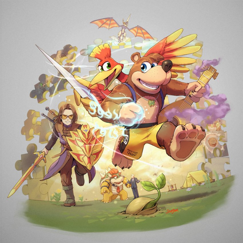 2020_summer_olympics backpack bag bald banjo-kazooie banjo_(banjo-kazooie) bear bird blue_eyes bowser brown_hair chibi crossover doug_bowser dragon_quest dragon_quest_xi earrings feathers field formal_clothes gen_8_pokemon ghost gloves green_eyes hat hero_(dq11) highres jewelry kazooie_(banjo-kazooie) legendary_pokemon link long_hair looking_at_viewer luigi luigi&#039;s_mansion male_focus mario_(series) multiple_boys name_connection nintendo olympics open_mouth panzer_dragoon pokemon pokemon_(creature) pokemon_swsh poltergust_g-00 puzzle_piece real_life sega shield short_hair shorts simple_background smile stup-jam suit sunglasses super_smash_bros. sword the_legend_of_zelda the_legend_of_zelda:_breath_of_the_wild the_legend_of_zelda:_link&#039;s_awakening the_legend_of_zelda:_tears_of_the_kingdom the_witcher_(series) the_witcher_3 weapon wings zacian zacian_(crowned) zamazenta zamazenta_(crowned)
