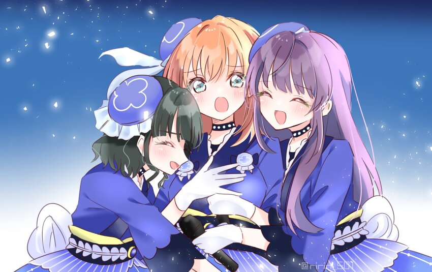3girls 3rd_live_tour_try_tri_unity!!! :d :o ^_^ absurdres aqua_eyes beret black_choker black_hair blue_background blue_hat blue_kimono blunt_bangs blush bob_cut breasts cerise_bouquet choker closed_eyes commentary crossed_bangs frilled_hat frills gloves gradient_background hand_on_own_chest hat highres hinoshita_kaho holding holding_microphone japanese_clothes kimono large_breasts light_particles link!_like!_love_live! long_hair long_sleeves looking_at_viewer love_live! medium_hair microphone momose_ginko multiple_girls official_alternate_costume official_alternate_hairstyle open_mouth orange_hair otomune_kozue profile purple_hair ririn_(ririn_501) short_hair sidelocks sideways_mouth smile tilted_headwear tsukuyomi_kurage twitter_username upper_body virtual_youtuber wavy_hair white_gloves