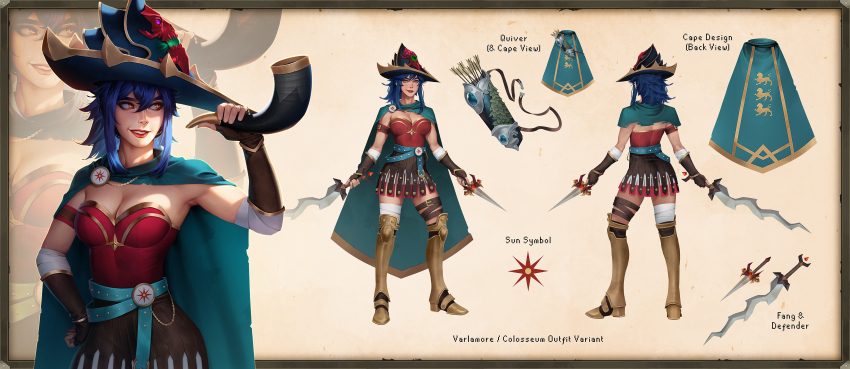 1girl absurdres armor armored_boots arrow_(projectile) bandaged_arm bandaged_leg bandages belt belt_buckle blue_hair boots breasts brown_skirt buckle cape reference_sheet commentary commission dagger dang_(runescape) duellist&#039;s_cap_(tier_6) english_commentary fingerless_gloves full_body gladiator gloves glowing_hat gold_armor gold_trim greaves green_belt green_cape hat highres holding johnny_azad knife leg_armor leotard lion long_hair long_sword medium_breasts old_school_runescape original poleyn ponytail quiver red_leotard runescape sabaton skirt smile spiked_ear_piercing standing sun_symbol thick_eyebrows weapon yellow_eyes