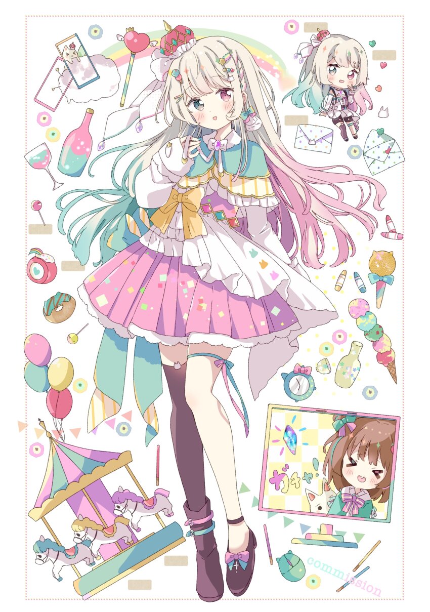 &gt;_&lt; 2girls absurdres asymmetrical_footwear balloon blush boots bottle bow bowtie brown_boots brown_hair brown_shoes brown_thighhighs candy capelet carousel chibi closed_eyes commentary commission computer_mouse crown cup donut drinking_glass food food-themed_hair_ornament full_body green_capelet green_eyes green_hair green_nails green_ribbon hair_ornament heart heart_hair_ornament heterochromia highres ice_cream_hair_ornament indie_virtual_youtuber leg_ribbon lollipop long_sleeves looking_at_viewer mismatched_footwear multicolored_hair multicolored_nails multiple_girls multiple_views nail_polish open_mouth pink_bow pink_bowtie pink_eyes pink_hair pink_nails pink_skirt pleated_skirt pocky ribbon shirt shoes single_thighhigh skeb_commission skirt sleeves_past_wrists standing star_(symbol) star_hair_ornament thigh_ribbon thighhighs tsukiyo_(skymint) virtual_youtuber wand white_background white_bow white_bowtie white_shirt wine_bottle wine_glass yellow_bow yumesaki_yun