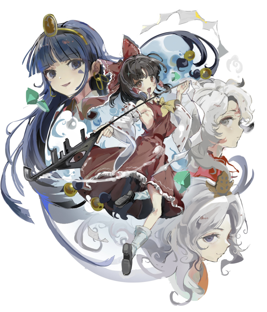 4girls absurdres ascot bare_shoulders black_hair blue_eyes blue_hair bow brown_eyes chirizuka_ubame closed_mouth crown detached_sleeves earrings facial_mark facial_tattoo forehead_mark fossilized_wonders frills gohei grey_eyes hair_bow hair_tubes hakurei_reimu highres holding holding_gohei houjuu_chimi jewelry key_earrings long_hair michigami_nareko multiple_girls open_mouth parted_bangs purple_eyes red_bow ribbon sesmkun simple_background skirt smile tattoo touhou wavy_hair white_background white_hair
