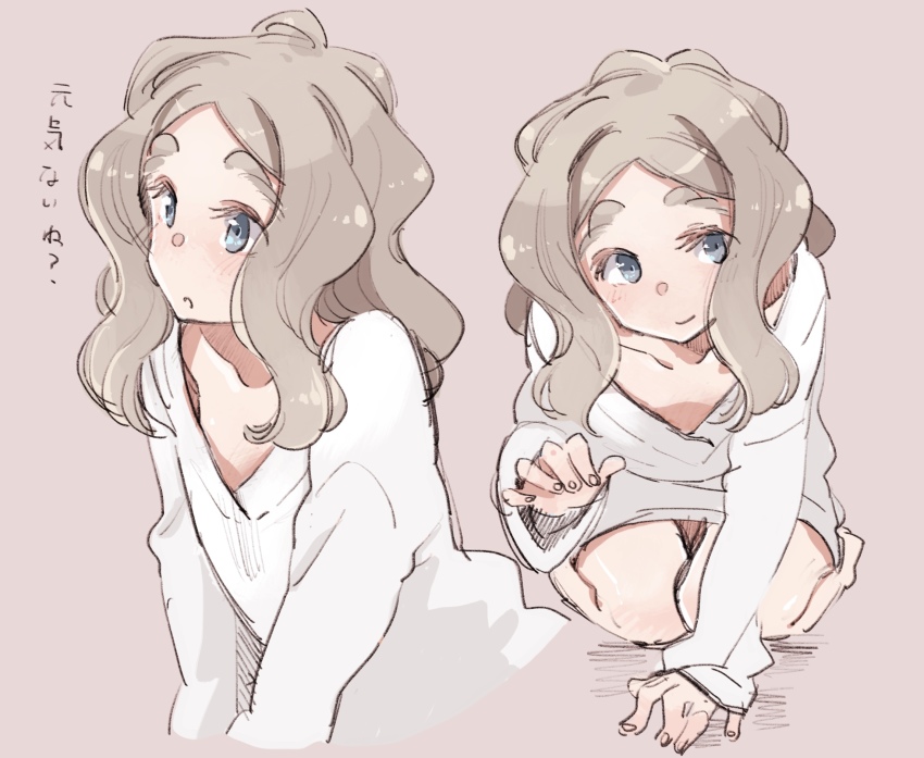 1girl blue_eyes brown_hair chibikko_(morihito) highres long_hair morihito multiple_views original seiza sitting sketch smile sweater thick_eyebrows wavy_hair