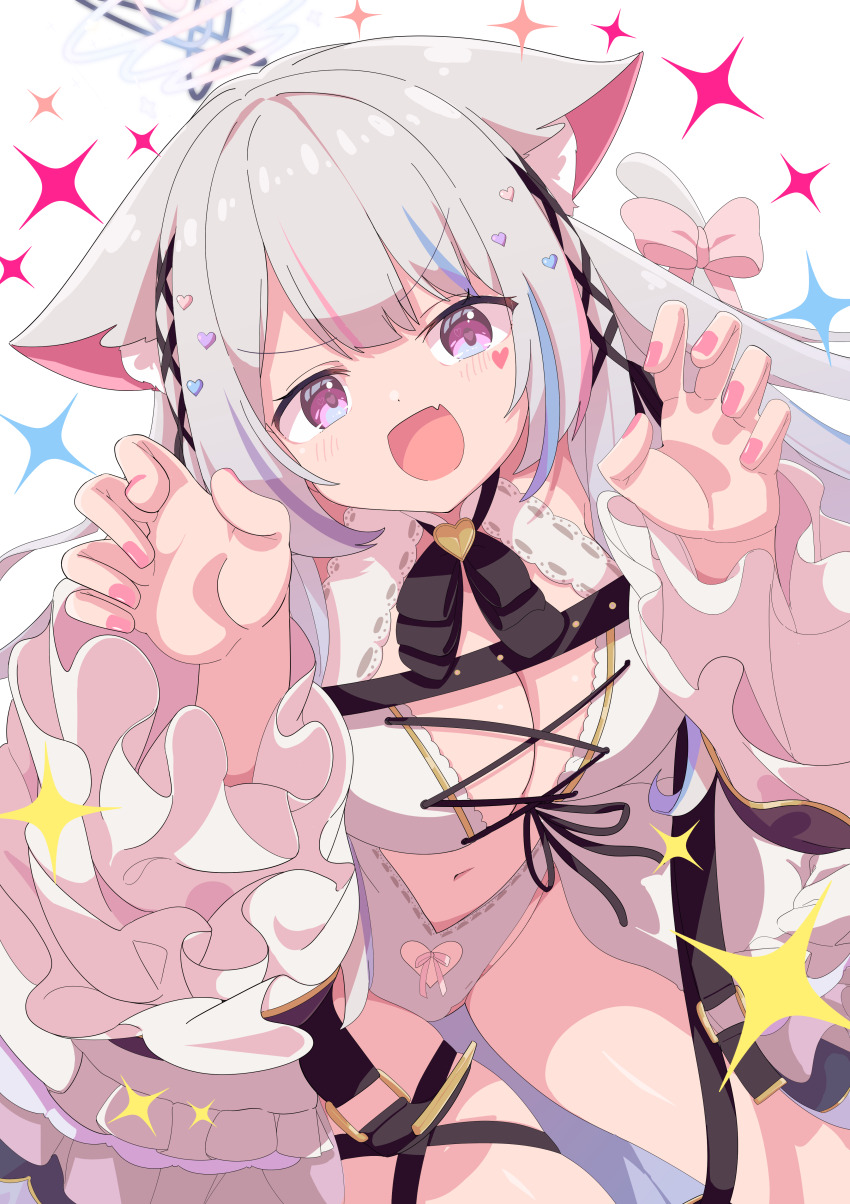 1girl absurdres animal_ear_fluff animal_ears blue_hair bow breasts cat_ears cat_girl cat_tail claw_pose cleavage clothing_cutout commission dress fang grey_hair halo heart highres large_breasts leotard long_hair looking_at_viewer multicolored_hair navel navel_cutout open_mouth original pink_eyes pink_hair pink_nails purple_eyes shiro9jira skeb_commission skin_fang smile solo sparkle streaked_hair tail white_dress