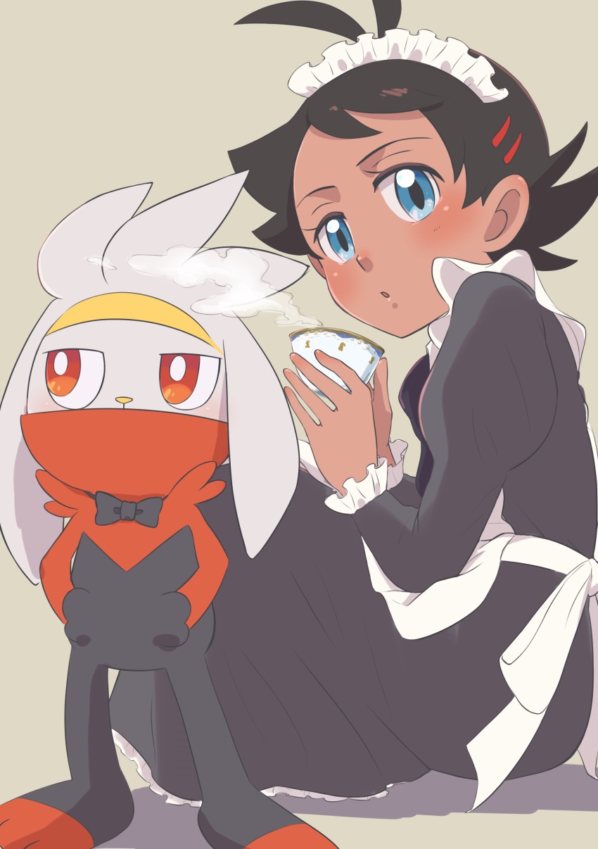 1boy absurdres ahoge black_dress black_hair blue_eyes crossdressing cup dark-skinned_male dark_skin dress gen_8_pokemon goh_(pokemon) highres holding holding_cup kawachaneel long_sleeves maid_headdress nintendo pokemon pokemon_(anime) pokemon_(creature) pokemon_journeys puffy_long_sleeves puffy_sleeves raboot red_eyes simple_background sitting steam teacup