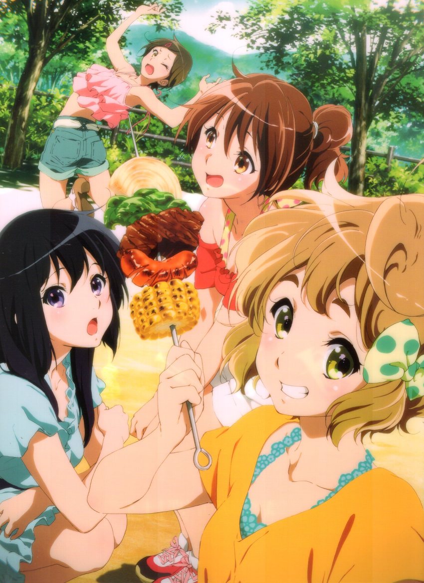 4girls :d :o bare_shoulders black_hair blonde_hair blue_dress blue_shorts blue_sky blush bow breasts brown_eyes brown_hair cleavage collarbone curly_hair denim denim_shorts dress food frilled_dress frills green_bow green_eyes hair_bow hair_ornament hairclip hand_up hibike!_euphonium highres holding holding_food ikeda_shouko jumping katou_hazuki kawashima_sapphire kousaka_reina long_hair looking_at_another looking_at_viewer mountain multiple_girls official_art open_mouth oumae_kumiko outdoors ponytail purple_eyes red_dress scan shirt shish_kebab short_hair short_sleeves shorts sky smile tree yellow_shirt