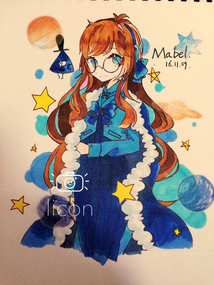 1girl aqua_eyes aqua_vest ascot bill_cipher brooch brown_hair dark_persona dated dress gem glasses gravity_falls hair_ornament hairband highres jewelry long_hair mabel_gleeful mabel_pines star_(symbol) vest watermark will_cipher