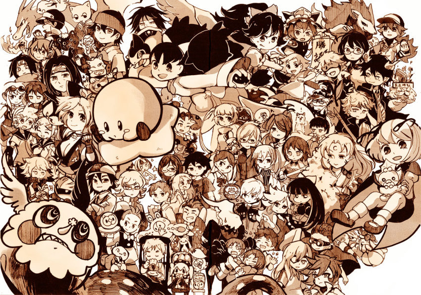 10s 1990s_(style) 6+boys 6+girls absolutely_everyone anjou_naruko ano_hi_mita_hana_no_namae_wo_bokutachi_wa_mada_shiranai. ao_no_exorcist ash_ketchum axew axis_powers_hetalia bad_id bad_pixiv_id barnaby_brooks_jr. bow bowtie cape character_request charizard charlotte_(madoka_magica) cilan_(pokemon) copyright_request crossover darkrai dual_persona duosion dwebble escavalier everyone feitan_portor gen_1_pokemon gen_3_pokemon gen_4_pokemon gen_5_pokemon gintama gumi hatsune_miku hisakawa_tetsudou honekoneko_(psg) honma_meiko hunter_x_hunter igasaki_fuuka inazuma_eleven_(series) inuyasha iris_(pokemon) kaburagi_t._kotetsu kagamine_len kagamine_rin kazemaru_ichirouta kidou_yuuto kirby kirby_(series) kyubey legendary_pokemon lilligant luvdisc mahou_shoujo_madoka_magica mahou_shoujo_madoka_magica_(anime) matsuyuki_atsumu meta_knight mew_(pokemon) monochrome multiple_boys multiple_crossover multiple_girls munna mythical_pokemon n_(pokemon) naruto naruto_(series) nintendo northern_italy_(hetalia) okumura_rin panty_&amp;_stocking_with_garterbelt panty_(psg) pikachu poke_ball poke_ball_(basic) pokemon pokemon_(anime) pokemon_(creature) pokemon_bw pokemon_rgby rakudai_ninja_rantarou red_(pokemon) reiuji_utsuho retro_artstyle reuniclus sakata_kaname sakuma_jirou sepia sesshoumaru sewaddle shiki_eiki smile solosis sophie_(tales) southern_italy_(hetalia) spain_(hetalia) sparkle star_(symbol) stocking_(psg) tales_of_(series) tales_of_graces tiger_&amp;_bunny touhou traditional_bowtie tsurugi_kyousuke tsurumi_chiriko uchiha_itachi uchiha_sasuke united_kingdom_(hetalia) vocaloid warp_star wriggle_nightbug yadomi_jinta zoroark