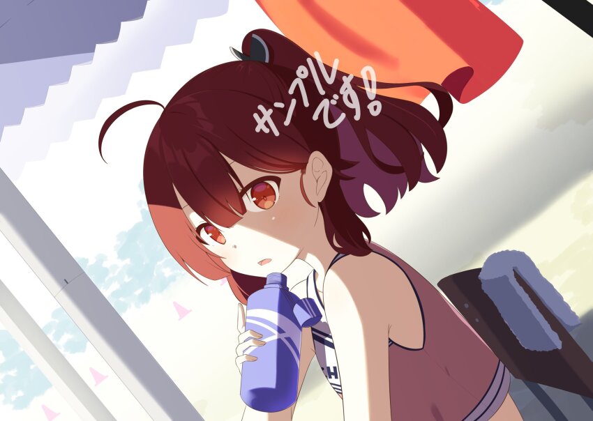 1girl :o ahoge alternate_costume alternate_hairstyle blunt_bangs bottle brown_hair chaakusu chair cheerleader commentary_request crop_top crop_top_overhang dutch_angle from_side hair_between_eyes headgear highres holding holding_bottle looking_at_viewer medium_hair open_mouth outdoors pink_shirt ponytail red_eyes sample_watermark school_chair shade shirt sitting sleeveless sleeveless_shirt solo touhoku_kiritan towel traffic_cone upper_body voiceroid watermark