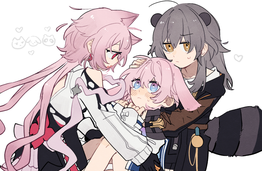 3girls animal_ears blush cat_ears clothing_cutout commentary dress dual_persona earrings evernight_(honkai:_star_rail) flnb3ue6qo83174 flower gloves grey_hair highres honkai:_star_rail honkai_(series) hug jacket jewelry march_7th_(honkai:_star_rail) march_7th_(preservation)_(honkai:_star_rail) multicolored_eyes multiple_girls pink_hair rabbit_ears raccoon_ears raccoon_tail red_eyes single_earring stelle_(honkai:_star_rail) sweatdrop tail trailblazer_(honkai:_star_rail) two-tone_eyes yellow_eyes yuri