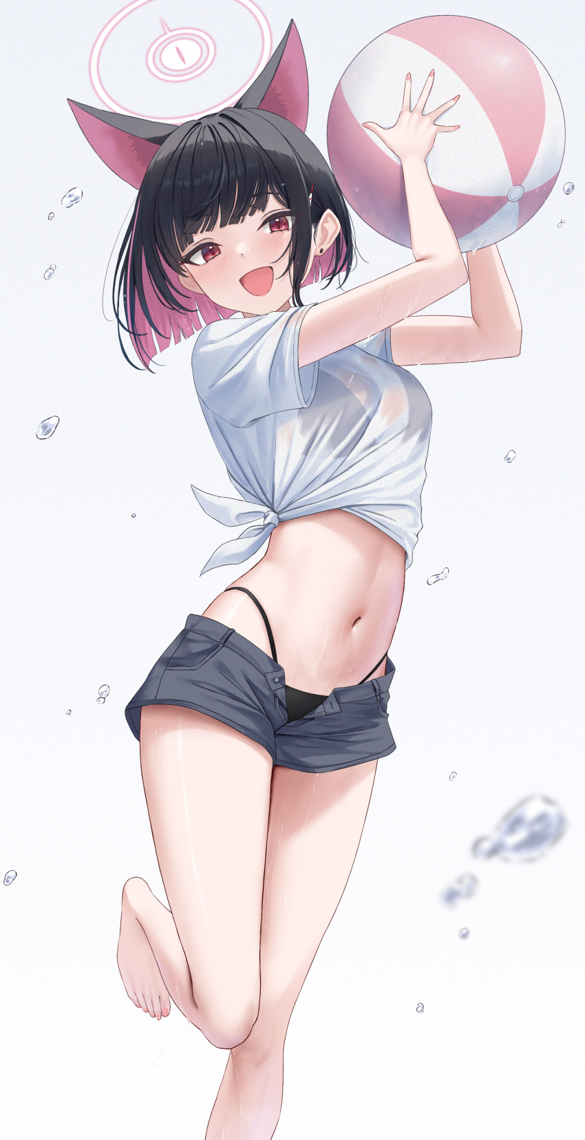 1girl absurdres animal_ears ball barefoot beachball bikini bikini_under_clothes black_bikini black_hair black_shorts blue_archive cat_ears colored_inner_animal_ears colored_inner_hair earrings extra_ears grey_background halo highleg highleg_bikini highres holding holding_ball holding_beachball jewelry kazusa_(blue_archive) looking_at_viewer midriff multicolored_hair navel open_clothes open_fly open_shorts pink_hair pink_halo rama_(yu-light8) red_eyes shirt short_hair short_shorts shorts simple_background solo stud_earrings swimsuit tied_shirt two-tone_hair unzipped wet wet_clothes wet_shirt white_shirt