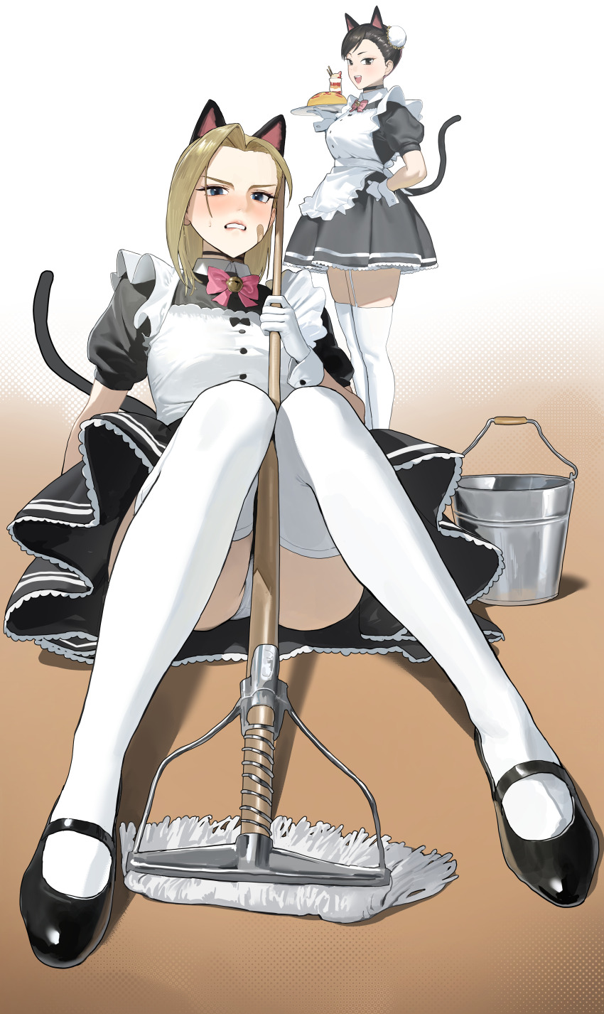 absurdres alternate_costume animal_ears apron asymmetrical_bangs bandage_on_face bandages bell black_choker black_dress black_shoes blonde_hair blue_eyes blush bow brown_hair bucket bun_cover cammy_white capcom cat_ears cat_tail choker chun-li clenched_teeth double_bun dress enmaided food frilled_apron frilled_dress frills gloves hair_bun highres holding holding_mop holding_plate ketchup knees_up kosubi_(tsuneta328) legs maid maid_apron maid_headdress mary_janes medium_hair mop neck_bell omelet omurice on_ground panties parfait plate puffy_short_sleeves puffy_sleeves shoes short_sleeves sitting street_fighter sweatdrop tail teeth thighhighs underwear white_apron white_gloves white_panties white_thighhighs wrist_cuffs