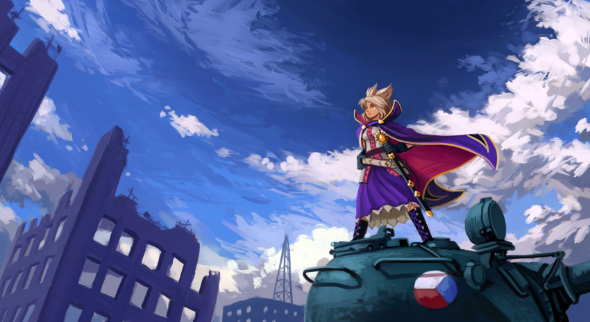 1girl belt black_boots blonde_hair boots breasts brown_eyes building cape cloud cloudy_sky day female_focus frown gloves high_collar highres holding holding_sword holding_weapon legs_apart long_skirt medium_breasts on_vehicle outdoors purple_cape ruins scabbard scenery sheath sheathed shirt skirt sky solo standing standing_on_object sword t-55 tank_top touhou toyosatomimi_no_miko u-joe weapon white_shirt wide_shot