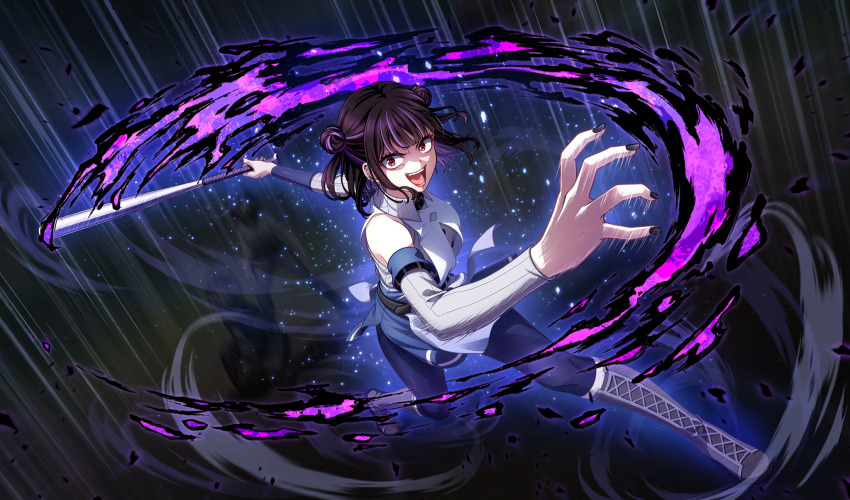 3girls attack_trail aura baseball baseball_bat baseball_stadium baseball_uniform belt black_belt black_hair black_nails blunt_bangs boots catcher_(baseball) cinderella_series detached_sleeves double_bun dress dutch_angle full_body game_cg grey_footwear hachigatsu_no_cinderella_nine hair_bun highres holding holding_baseball_bat metal_baseball_bat motion_blur motion_lines multicolored_dress multicolored_hair multiple_girls nara_kurumi non-web_source official_art open_mouth outdoors pantyhose playing_sports purple_hair purple_pantyhose red_eyes short_hair sleeveless sleeveless_dress solo_focus speed_lines sportswear teeth umpire