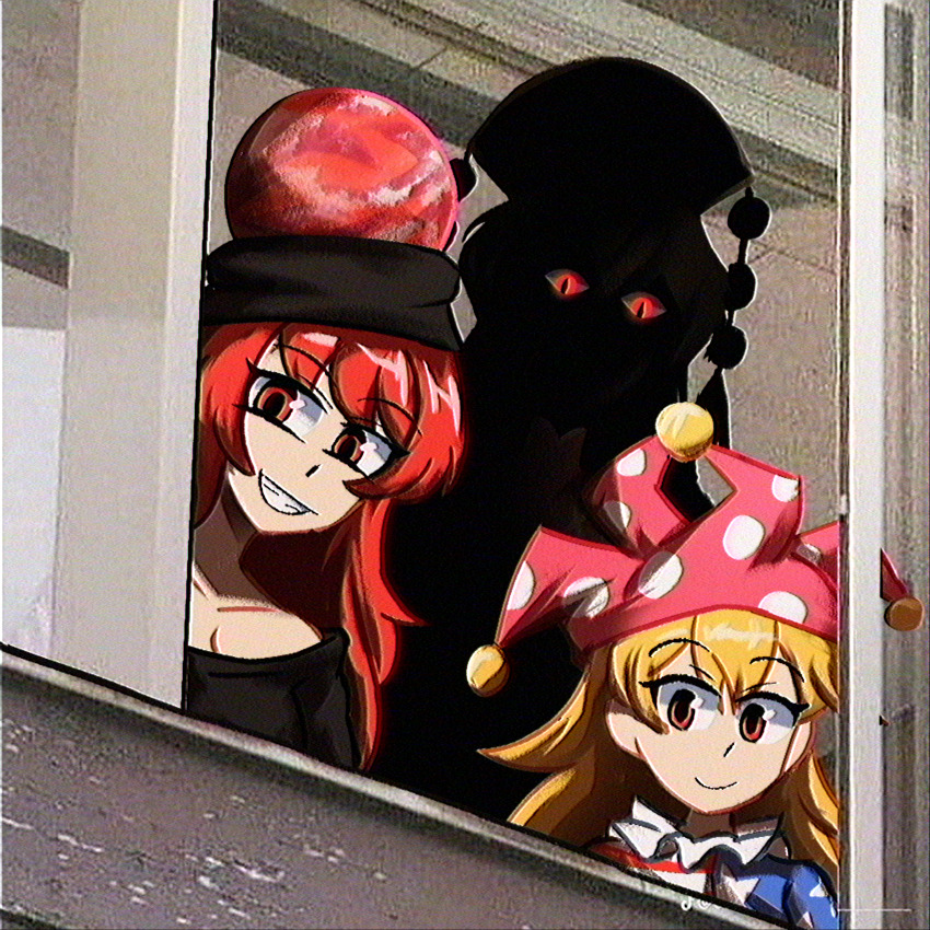 3girls absurdres american_flag american_flag_dress american_flag_print bare_shoulders bell black_hat black_shirt blonde_hair closed_mouth clownpiece dalachi_(headdress) flag_print frills hair_between_eyes hat hat_bell headdress hecatia_lapislazuli highres jester jester_cap jester_costume junko_(touhou) lad_der long_hair looking_to_the_side messy_hair multiple_girls neck_ruff off_shoulder open_window polka_dot polka_dot_headwear pom_pom_(clothes) red_eyes red_hair shadow shirt silhouette slit_pupils smile swept_bangs teeth touhou underworld_(ornament) window