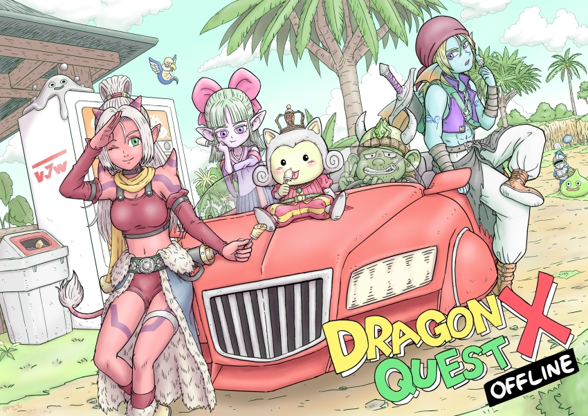 2girls 3boys 3others absurdres aqua_skin arm_tattoo bandana blonde_hair blunt_bangs bow breasts car character_request choina-choina cleavage cloud colored_skin commentary_request copyright_name crop_top crossed_legs day distan_(dq10) dragon_quest dragon_quest_x dwarf_(dq10) facial_hair facial_mark fins food fuura_(dq10) green_eyes green_hair green_skin grin hair_bow head_fins highres holding holding_food holding_popsicle horns hyuuza_(dq10) large_breasts liquid_metal_slime_(dq) long_hair looking_at_viewer looking_to_the_side maiyu_(dq10) motor_vehicle multiple_boys multiple_girls multiple_others navel ogre_(dq10) one_eye_closed palm_tree pink_bow pointy_ears popsicle purple_eyes purple_skin purple_vest red_bandana red_skin scarf shoulder_spikes silver_thighlet slime_(dragon_quest) smile spikes steering_wheel stubble tail tattoo toned toned_male trash_can tree vending_machine vest weddie_(dq10) yellow_scarf
