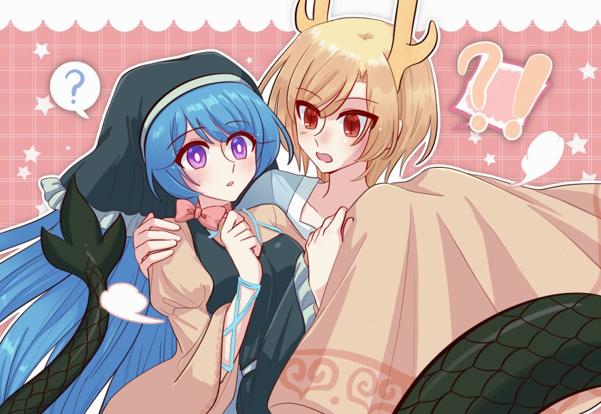 !? 2girls ? absurdres antlers apron aqua_headwear black_headscarf blonde_hair blue_hair blue_shirt blush bow bowtie breasts bright_pupils carrying chinese_commentary commentary_request dragon_tail dress film_grain frilled_apron frills haniyasushin_keiki headscarf highres horns juliet_sleeves kicchou_yachie long_dress long_hair long_sleeves mask_(boring_mask) multiple_girls open_mouth princess_carry puffy_sleeves purple_hair red_bow red_bowtie red_eyes shirt short_hair slit_pupils small_breasts spoken_question_mark star_(symbol) sweat tail touhou white_pupils wide_sleeves