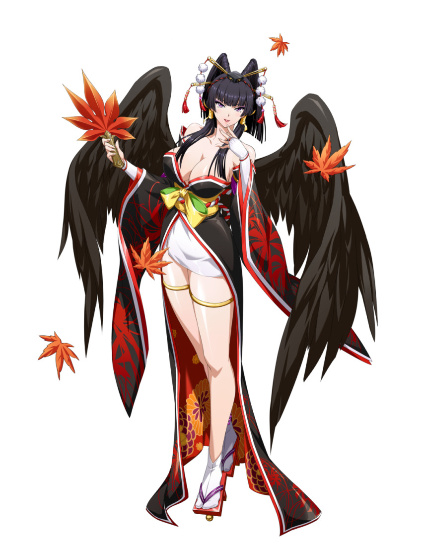 1girl black_hair black_kimono blunt_bangs breasts cleavage feathered_wings full_body geta hat highres japanese_clothes kimono langrisser leaf_fan looking_at_viewer mole mole_under_mouth nyotengu purple_eyes simple_background solo tokin_hat white_background wings