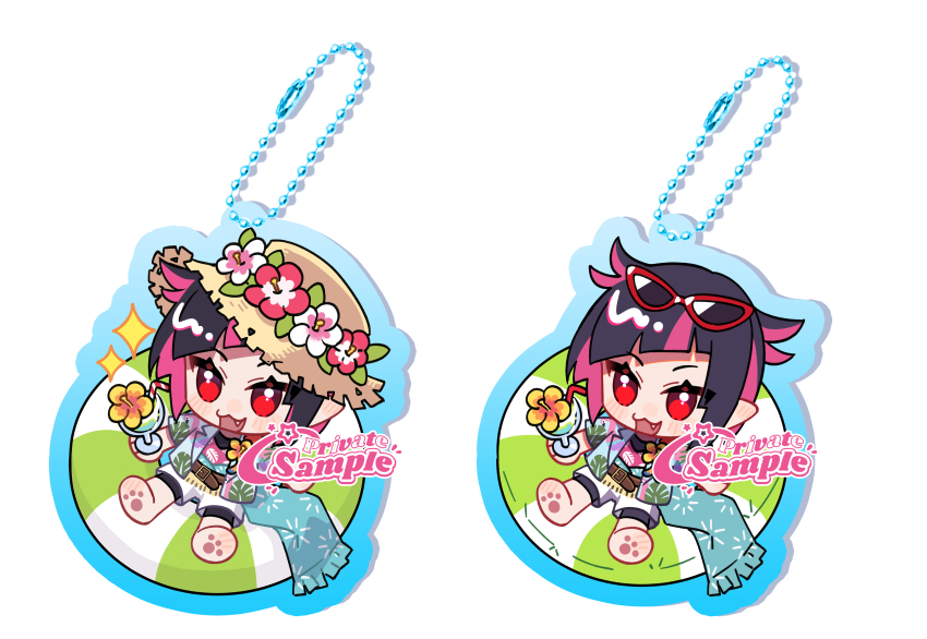 1boy :3 absurdres black_hair blue_shirt charm_(medium) chinese_commentary commentary_request cup eyewear_on_head flower flower_wreath hat hat_flower hawaiian_shirt highres holding holding_cup innertube lilia_vanrouge male_focus multicolored_hair multiple_views open_clothes open_mouth open_shirt pawpads pink_hair pointy_ears red_eyes riko_shinkai shirt short_hair shorts smile sparkle straw_hat sunglasses swim_ring tsurime twisted_wonderland two-tone_hair white_background white_shorts