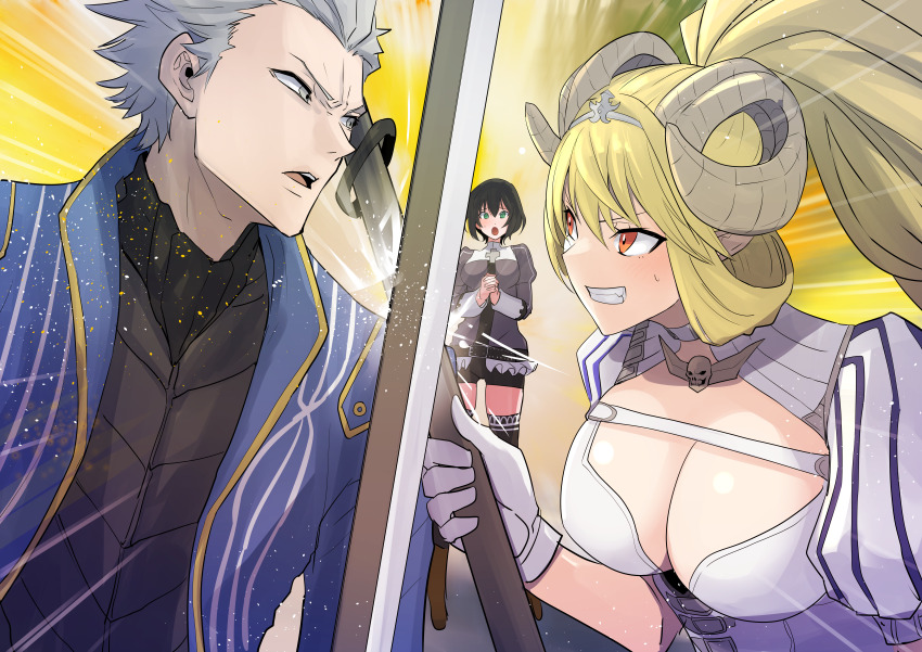 1boy 2girls absurdres black_hair blonde_hair blue_jacket breasts cleavage clenched_teeth commentary commission crossover demon_girl demon_horns devil_may_cry_(series) english_commentary green_eyes grey_eyes grey_hair high_ponytail highres holding holding_polearm holding_weapon horns jacket large_breasts long_hair lucifer_(the_seven_deadly_sins) mixed-sex_combat multiple_girls polearm ponytail red_eyes short_hair sin_nanatsu_no_taizai spear sword teeth the_seven_deadly_sins totsuka_maria vergil_(devil_may_cry) weapon