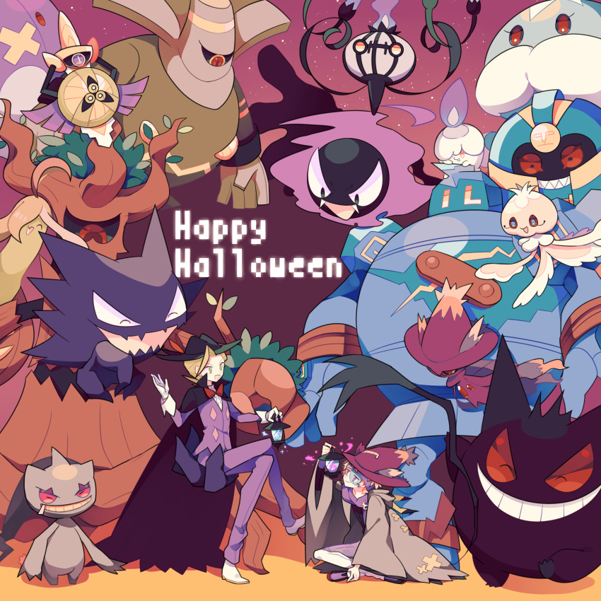 2boys absurdres aegislash banette black_hat cape chandelure cofagrigus colored_smoke dusknoir eusine_(pokemon) fangs fire frillish frillish_(female) gastly gen_1_pokemon gen_3_pokemon gen_4_pokemon gen_5_pokemon gen_6_pokemon gengar golurk gourgeist grey_robe happy_halloween hat highres indian_style jacket jellicent jellicent_(male) litwick male_focus mismagius morty_(pokemon) multiple_boys nagatsukiariake nintendo pants pokemon pokemon_(creature) pokemon_hgss purple_cape purple_fire purple_jacket purple_pants rayman_limbs robe sitting smoke trevenant