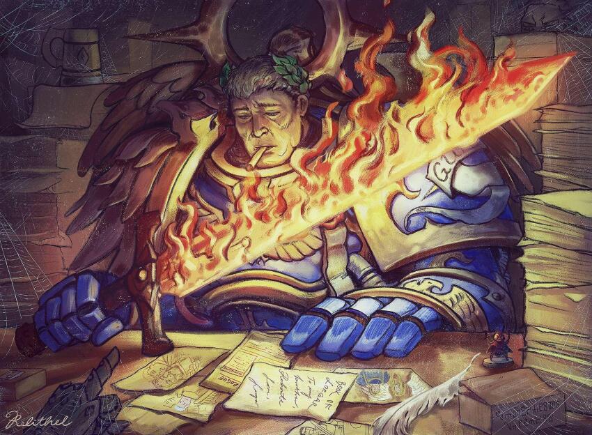 1boy armor blonde_hair blue_armor cigar depressed fake_wings fire flaming_sword flaming_weapon halo highres holding holding_sword holding_weapon laurel_crown leman_russ letter middle_finger paper_stack pen photo_(object) power_armor primarch relithel roboute_guilliman rogal_dorn sanguinius short_hair signature silk smoking spider_web sword warhammer_40k weapon wings