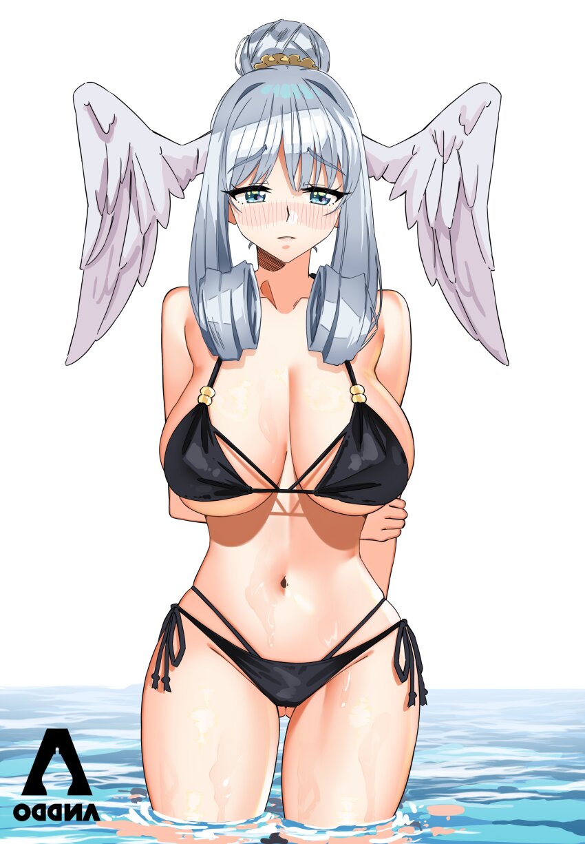 1girl absurdres alternate_costume bikini black_bikini blue_eyes breasts cleavage grey_hair head_wings highres i_am_anddo melia_antiqua outdoors solo swimsuit water wings xenoblade_chronicles_(series) xenoblade_chronicles_3