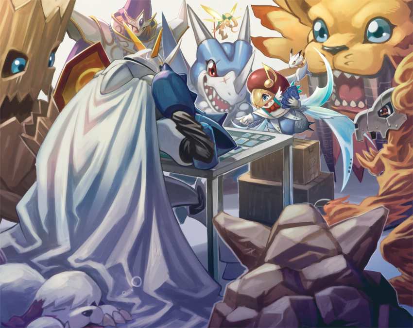 blue_eyes box cape card digimon digimon_card_game flarelizamon jyagamon kudamon_(digimon_savers) labramon looking_at_another mask mistymon omegamon red_eyes saberleomon sasasi sirenmon tinkermon v-dramon woodmon