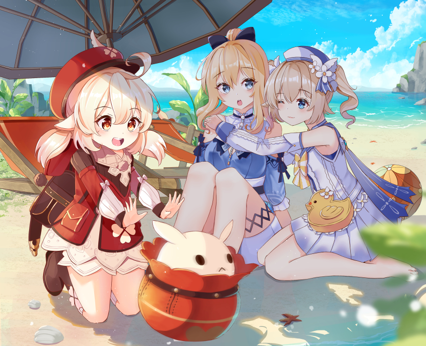 3girls :d ;) absurdres ahoge backpack bag ball barbara_(genshin_impact) barbara_(summertime_sparkle)_(genshin_impact) beach beach_chair beach_umbrella beachball bloomers blue_eyes blue_sky blurry boots bow brown_footwear brown_scarf newsboy_cap cloud cloudy_sky clover_print coat commentary_request depth_of_field detached_sleeves drill_hair duck_print genshin_impact hair_between_eyes hair_bow hair_ribbon handbag hat highres holmemee horizon hug jean_(genshin_impact) jean_(sea_breeze_dandelion)_(genshin_impact) jumpy_dumpty klee_(genshin_impact) knee_boots kneehighs kneeling light_brown_hair long_hair looking_at_another looking_away looking_to_the_side low_twintails multiple_girls nail_polish ocean one_eye_closed open_mouth orange_eyes parted_lips pocket pointy_ears ponytail randoseru red_coat red_headwear ribbon scarf shade siblings sidelocks sisters sitting sky smile socks starfish surprised swimsuit toenail_polish toenails twin_drills twintails umbrella underwear wariza