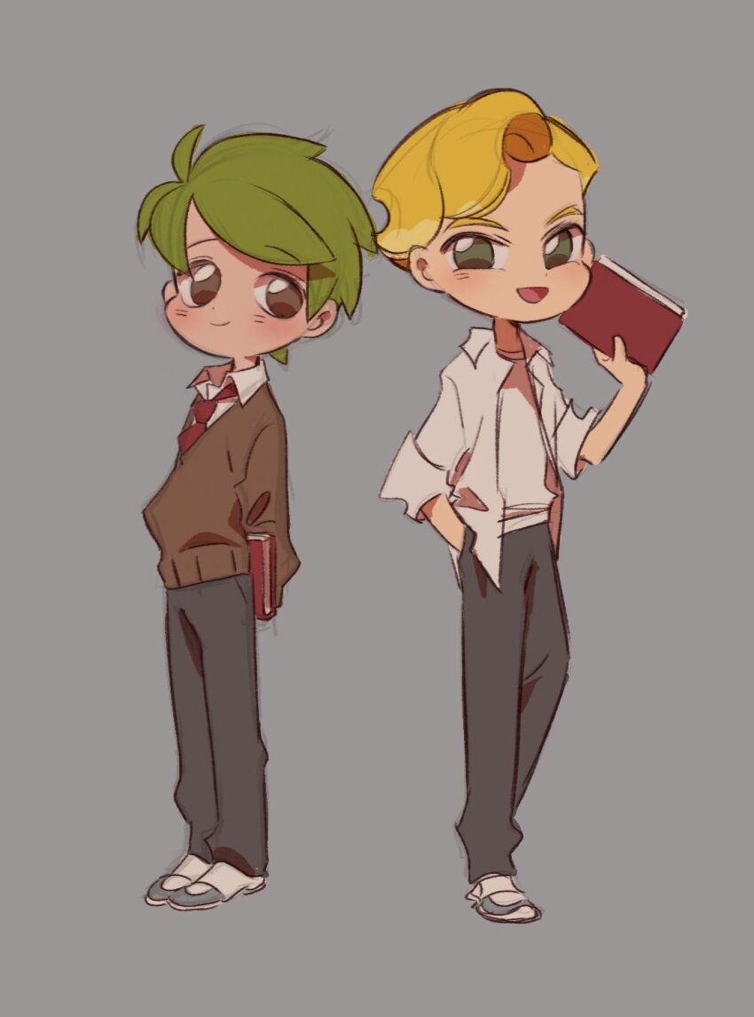 2boys ahoge alternate_costume arms_behind_back black_pants blonde_hair book brown_eyes brown_sweater_vest closed_mouth collared_shirt cookie_run curtained_hair deformed dot_nose full_body green_eyes green_hair grey_background hand_in_pocket hand_up herb_cookie highres holding holding_book humanization layered_clothes light_smile long_sleeves male_focus multiple_boys necktie no_pupils open_clothes open_mouth open_shirt pants red_necktie school_uniform shirt shoes short_hair side-by-side side_part simple_background sparkling_cookie spats_(footwear) standing sweater_vest white_shirt wing_collar