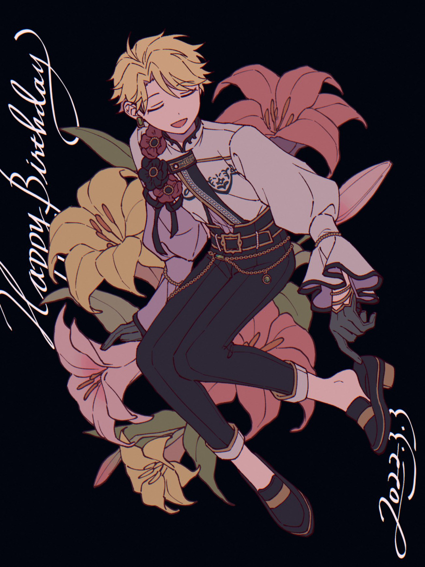 1boy 2022 adjusting_footwear androgynous arm_at_side arm_rest belt_chain bishounen black_background black_pants blonde_hair capri_pants chromatic_aberration closed_eyes curtained_hair dated dot_nose dress_shirt earrings ensemble_stars! floral_background flower_on_chest flower_on_shoulder frilled_sleeves frills full_body gloves half-closed_eyes half_gloves happy_birthday highres jewelry loafers male_focus narukami_arashi niyororinpayamaru open_mouth pants parted_bangs shirt shoes short_hair smile solo u_u very_short_hair white_shirt