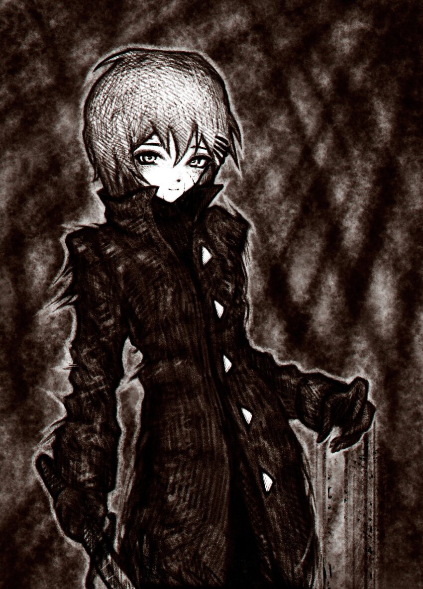 11e10 1girl absurdres brown_theme coat commentary cowboy_shot dot_nose english_commentary faux_traditional_media gloves grid_background hair_ornament hairclip highres holding holding_sword holding_weapon light_smile looking_at_viewer marie_(peripeteia) monochrome outer_glow peripeteia short_hair solo sword trench_coat triangle_button weapon
