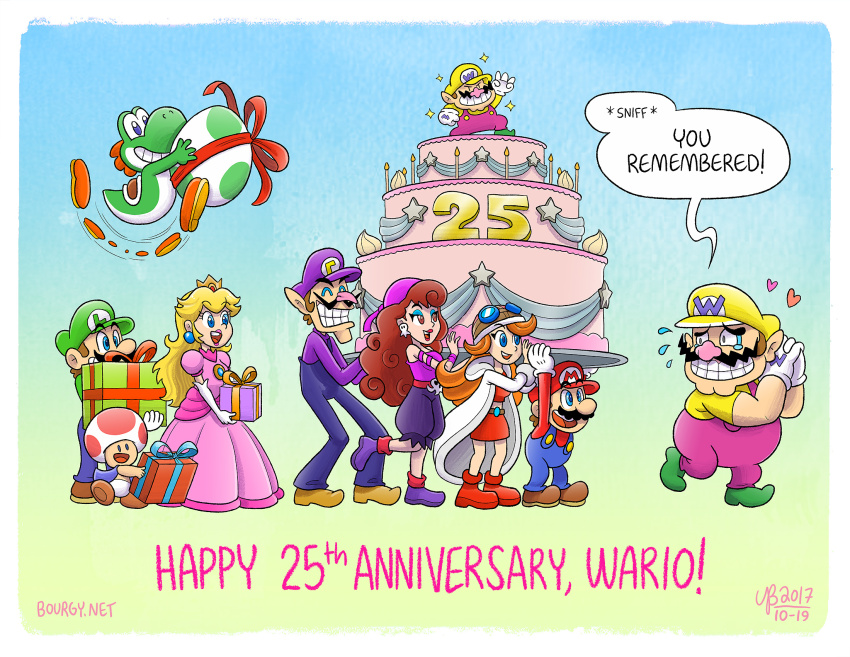 3girls 5boys anniversary bandana birthday_cake blonde_hair blue_eyes blue_eyeshadow blue_overalls brown_hair cake captain_syrup cleft_chin coat colored_skin dress earrings egg elbow_gloves english_text eyeshadow facial_hair flying_sweatdrops food gift gloves goggles goggles_on_headwear gradient_background green_footwear green_skin hat heart helmet highres holding holding_gift jewelry long_hair luigi makeup mario mario_(series) mona_(warioware) motorcycle_helmet multicolored_skin multiple_boys multiple_girls mustache nintendo orange_hair overalls pink_dress princess_peach purple_bandana purple_overalls purple_shirt red_footwear red_hair red_ribbon red_shirt red_skirt red_toad_(mario) ribbon shirt skirt speech_bubble thebourgyman toad_(mario) two-tone_skin waluigi wario wario_land warioware white_coat white_gloves yellow_hat yellow_shirt yoshi