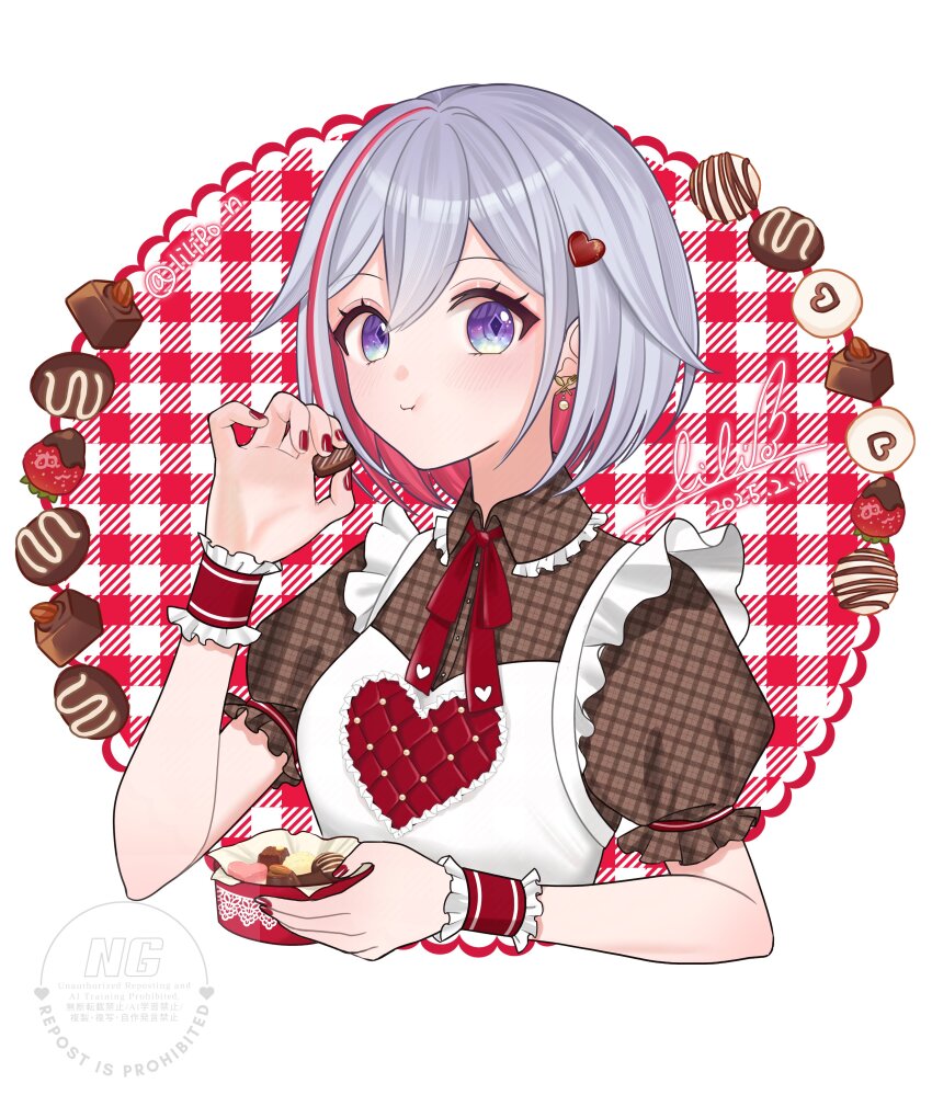 1girl absurdres apron blue_eyes breasts brown_shirt chocolate dated eating grey_hair heart highres honkai:_star_rail honkai_(series) lilipon looking_at_viewer red_hair shirt short_hair solo topaz_(honkai:_star_rail) twitter_username upper_body valentine white_apron