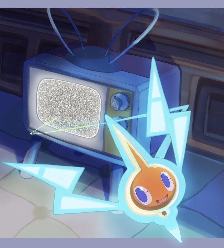 blue_eyes commentary crt dial_television dragon_star213 electricity floating gen_4_pokemon highres in-universe_location indoors letterboxed nintendo no_humans old_chateau_(pokemon) open_mouth outside_border pokemon pokemon_(creature) pokemon_dppt rabbit_ears_antenna radio_antenna rotom rotom_(normal) smile static television through_medium through_screen