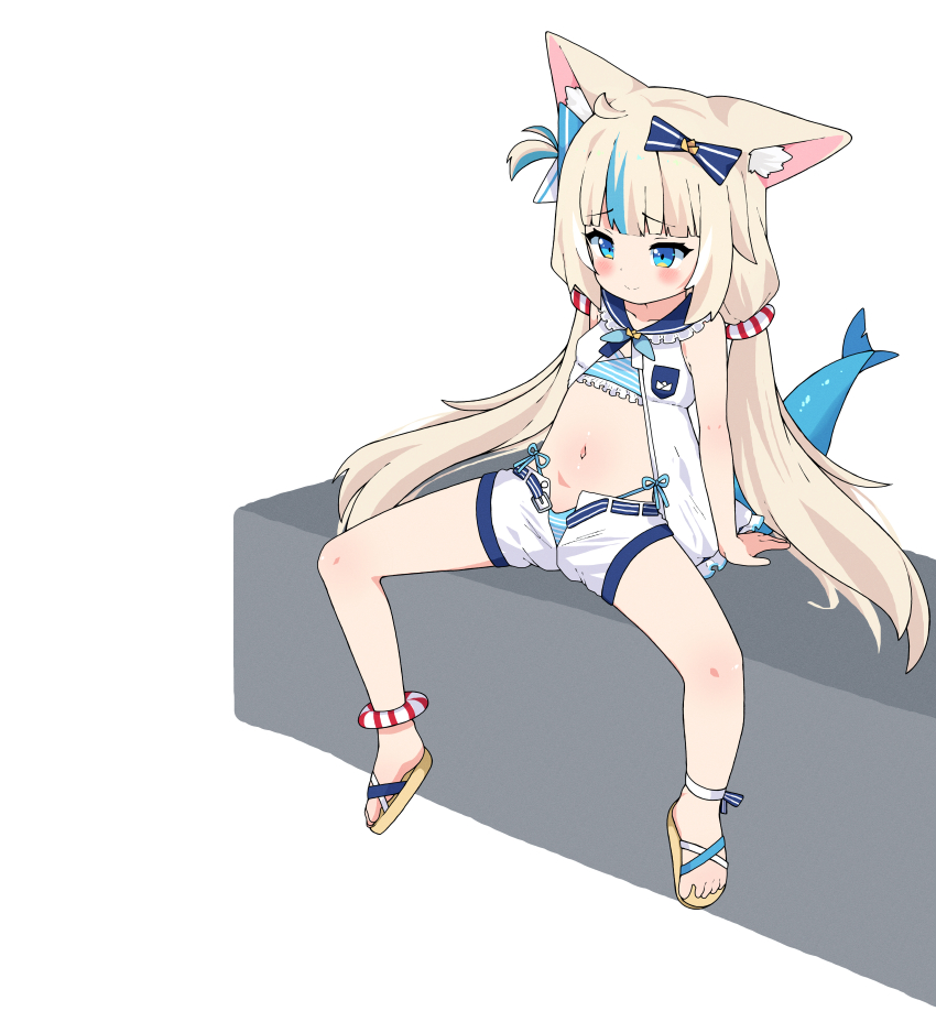 1girl absurdres animal_ear_fluff bare_legs bikini blonde_hair blue_bikini blue_eyes blue_hair blush closed_mouth collarbone dress fins fish_girl fish_tail flat_chest frilled_bikini frills full_body highleg highleg_bikini highres indie_virtual_youtuber lifebuoy_hair_ornament low_twintails multicolored_hair navel one_side_up pruzhka_(wardi113) sameko_saba short_shorts shorts side-tie_bikini_bottom simple_background sitting solo spread_legs streaked_hair striped_bikini striped_clothes swimsuit tail toes twintails variant_set virtual_youtuber white_background white_dress white_shorts