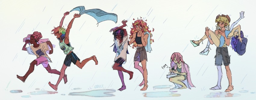 6+girls absurdres applejack black_skin colored_skin crop_top depresed-duck fluttershy highres long_hair mane_six_(my_little_pony) multicolored_hair multiple_girls my_little_pony my_little_pony:_equestria_girls my_little_pony:_friendship_is_magic pinkie_pie rain rainbow_dash rarity_(equestria_girls) rarity_(my_little_pony) sci-twi shirt shorts sunset_shimmer t-shirt twilight_sparkle water