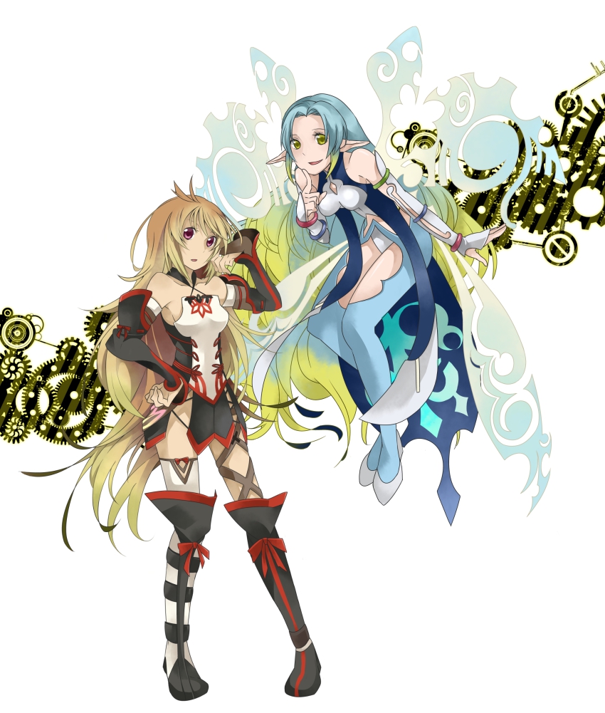 2girls absurdres bare_shoulders blue_hair boots bracelet breasts brown_hair detached_sleeves dress green_eyes highres jewelry long_hair milla_(fractured) multicolored_hair multiple_girls muzet_(tales) open_mouth pantyhose pointy_ears purple_eyes ribbon simple_background skirt tales_of_(series) tales_of_xillia tales_of_xillia_2 thighhighs very_long_hair wings