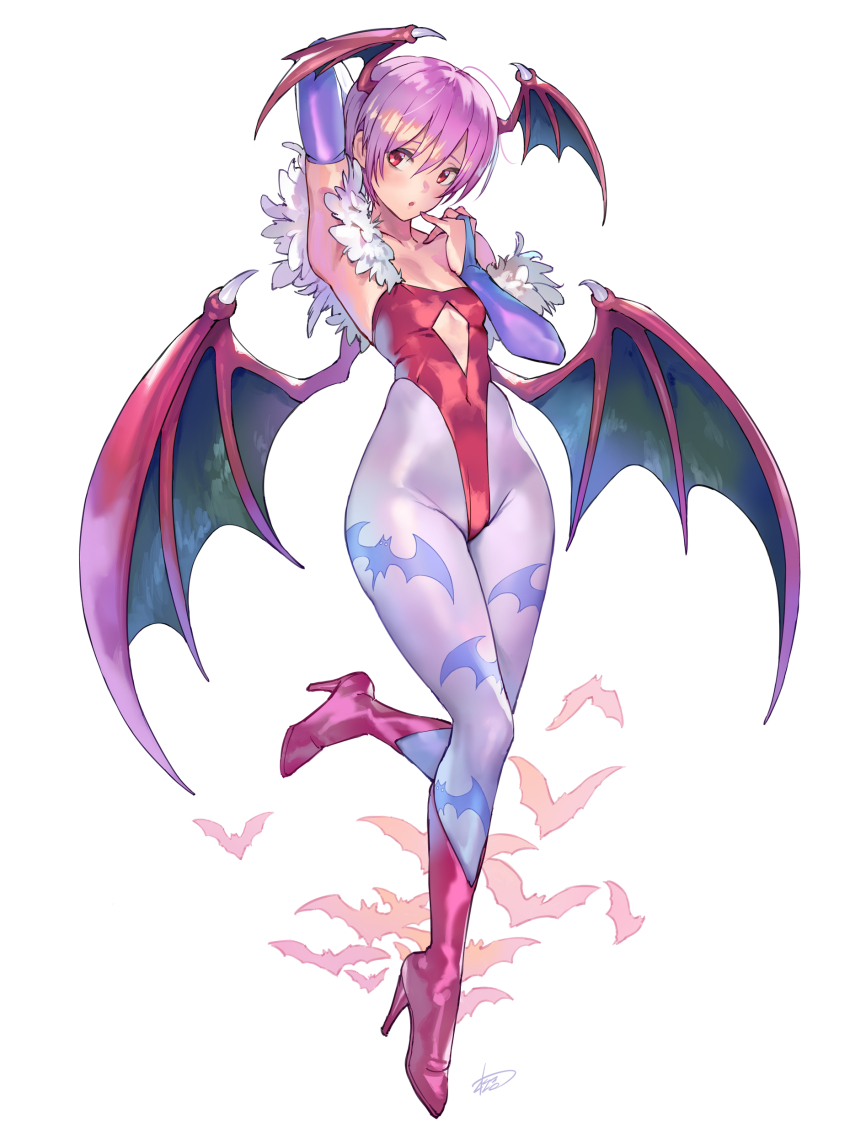 1girl absurdres animal_print arm_behind_head bare_shoulders bat_print boots breasts center_opening covered_navel curious darkstalkers demon_girl demon_wings full_body groin hand_up head_wings high_heel_boots high_heels highleg highleg_leotard highres hip_focus leotard lilith_(darkstalkers) matsuda_(matsukichi) pantyhose pear-shaped_figure pink_hair red_eyes short_hair small_breasts solo standing standing_on_one_leg staring strapless strapless_leotard wings