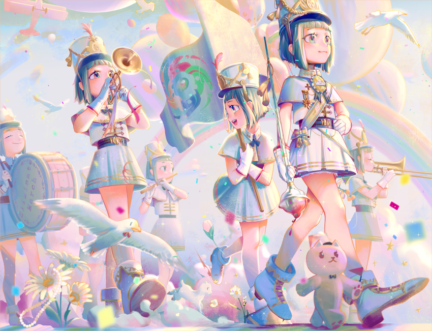 absurdres aircraft airplane balloon bass_drum belt bird boots capelet chin_strap drum flag flower flute gloves hat hat_feather highres instrument marching marching_band marching_band_baton milgram momose_amane multiple_persona pleated_skirt rainbow sash shukusei_maachi skirt stuffed_animal stuffed_toy tassel trombone trumpet user_krty4337 white_capelet white_footwear white_gloves white_skirt