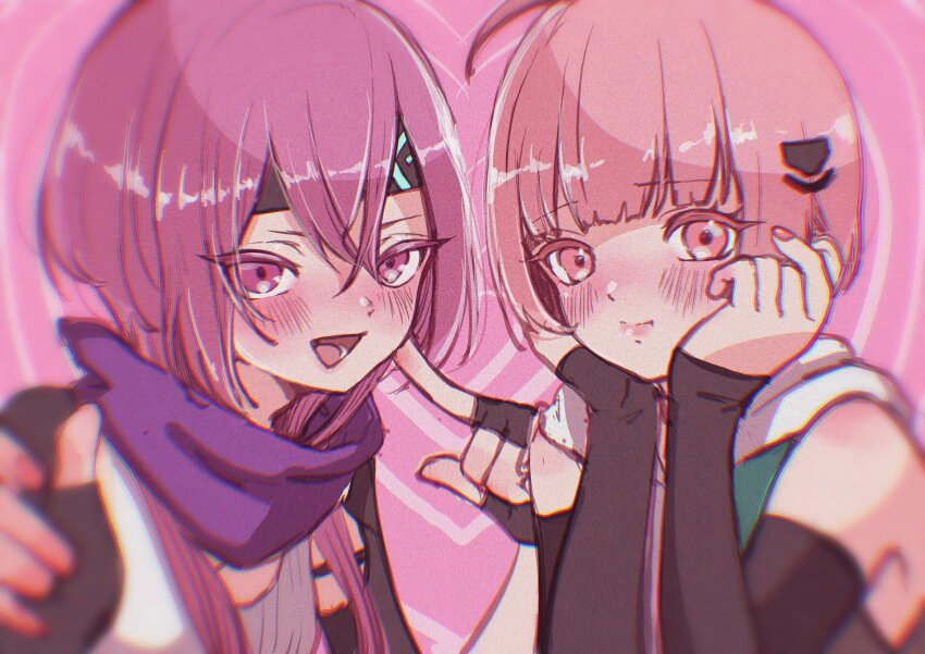 2girls absurdres ahoge gloves heaven_burns_red highres leia_1213 long_hair matsuoka_chiroru multiple_girls ooshima_minori pink_hair red_eyes red_hair scarf short_hair shorts