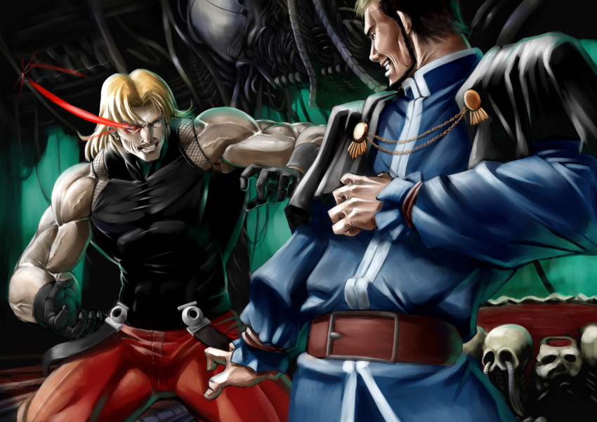 2boys battle blonde_hair gloves glowing glowing_eye goenitz male_focus manly multicolored_hair multiple_boys munokojp muscular omega_rugal one-eyed rugal_bernstein skull snk the_king_of_fighters two-tone_hair uniform